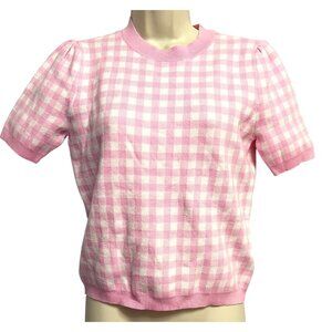 Sugarlips Sweater Top Women's Size Small Pink White Gingham Puff‎ Sleeve Knit